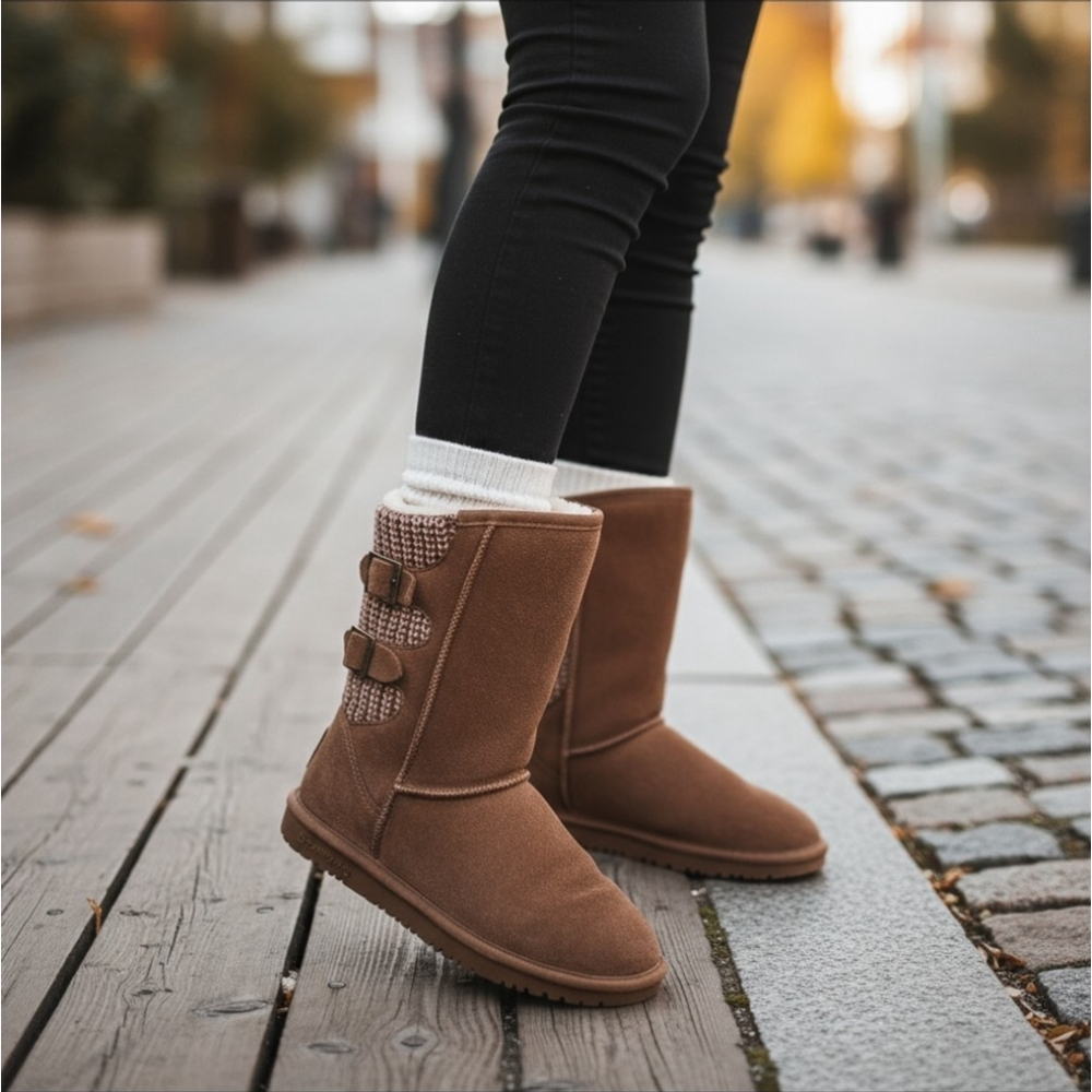 Bearpaw Classic Casual Cozy Fur Lined Leather Sweater Knit Winter Boots 7 WIDE